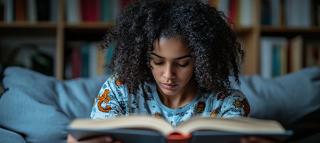 Young student deeply immersed in a captivating book on the sofa, surrounded by library books.の素材