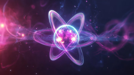 Vibrant Atomics A Bright Animation Showcasing Energy Fission with Digital Quantum Science Effectsの素材