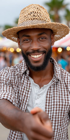 Friendly small business owner shakes hands with community member, welcoming them to local markets.の素材