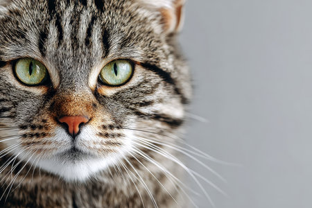 Charming Cat Portrait with Striking Green Eyes and Graceful Expressions on a Plain Gray Backgroundの素材