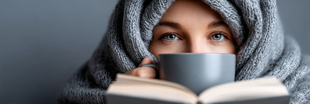 Serene girl enjoying peaceful solitude with a cup of tea, cozy blanket, and a good book.の素材