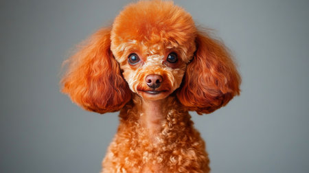 Elegant and Playful Auburn Poodle with Captivating Eyes Posed Gracefully in a Neutral Grey Studioの素材