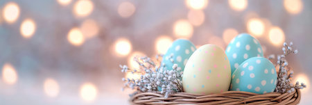Colorful Pastel Easter Eggs Arranged in a Woven Basket Surrounded by Soft Bokeh Lightsの素材