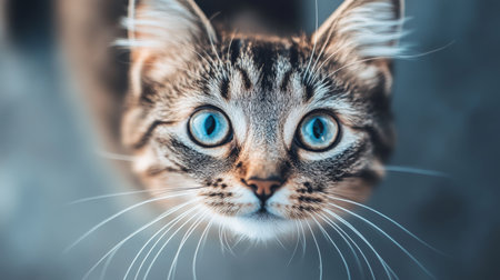 Charming Tabby Cat Portrait with Striking Blue Eyes, Exuding Innocence on a Soft Gray Backgroundの素材
