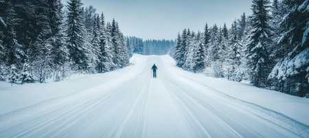 A solitary figure skiing through a snowy winter wonderland, surrounded by majestic pine trees.の素材