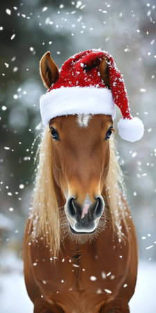 Charming Horse Wearing Santa Hat in a Winter Wonderland, Perfect for Holiday Celebrations and Joyの素材