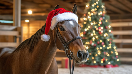 Festive Horse Wearing Santa Hat in Cozy Indoor Setting Surrounded by Christmas Decorationsの素材