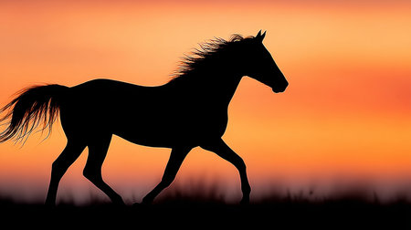 Thoroughbred Galloping Through Lush Prairie at Sunset, Bathed in Golden Light, Dynamic Motionの素材
