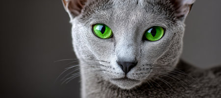 Majestic Russian Blue Cat with Striking Green Eyes, Exuding Grace and Mystery in a Pet Portraitの素材