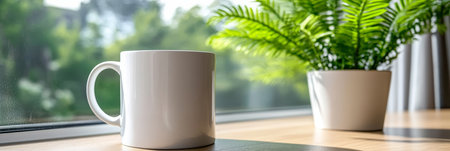White Ceramic Mug on Light Table by Clear Glass Window Featuring Lush Green Fern and Calm Atmosphereの素材