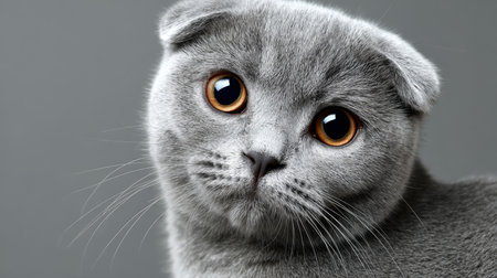 Charming Scottish Fold Cat with Enigmatic Gaze on Gray Background, Whiskers and Soft Fur Detailsの素材