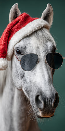 A Humorous Christmas Horse Wearing Sunglasses and a Red Hat, Bringing Holiday Cheer and Joyの素材