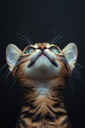 Charming Bengal Cat Portrait with Striking Blue Eyes and Playful Personality on Gray Backgroundの素材