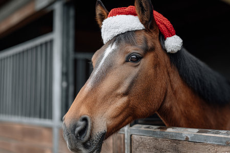 Adorable chestnut horse charmingly poses with a festive Christmas hat in a cozy stable settingの素材