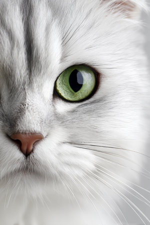 Graceful Close Up Portrait of a White Persian Cat with Striking Eyes on Soft White Backgroundの素材