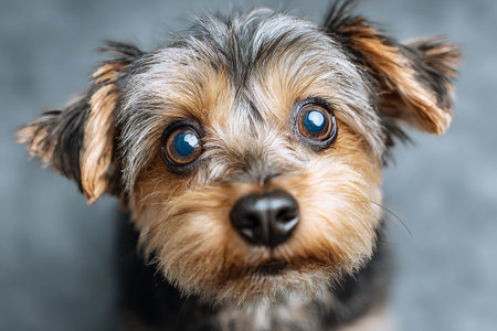 Charming Yorkshire Terrier Portrait, Close-Up of Expressive Gaze and Unique Features on Grayの素材