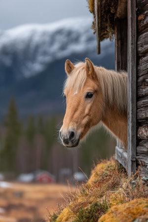 Curious Haflinger Horse Gazing Through a Weathered Wooden Stable Window with Peaceful Mountain Viewsの素材