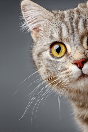 Stunning Portrait of a British Shorthair Cat with Striking Yellow Eyes in Close-Up Quarter Viewの素材