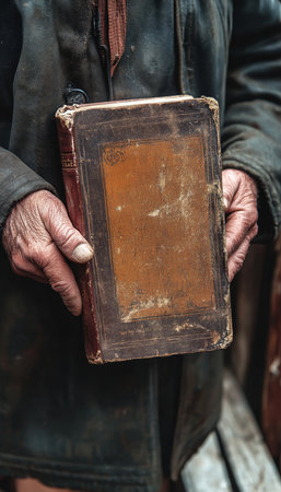 Elderly Hands Gently Cradling an Ancient Book, Symbolizing the Preservation of History and Cultureの素材