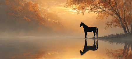 Majestic Friesian Stallion Gallops Across a Lush Meadow Under a Vibrant Sunset Sky, Nature s Beautyの素材