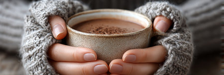 Cozy Chocolate Delight Warming Hands Around a Ceramic Mug Filled With Tasty Hot Beverage in Winterの素材