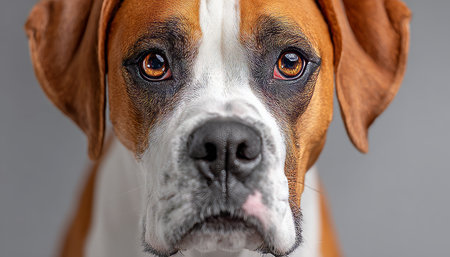 Gentle Eyes of a Boxer Dog with Soft Markings, Dreaming Under Studio Spotlights for Pet Adsの素材