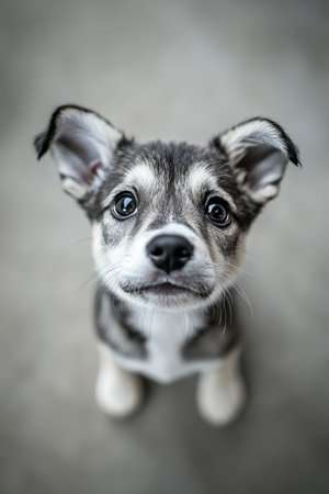 Adorable Close-Up of a Curious Husky Puppy with Big Blue Eyes on a Soft Gray Background, So Cuteの素材
