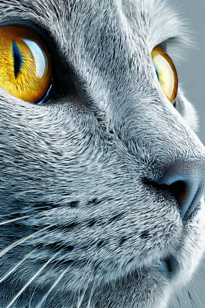 Graceful Russian Blue Cat with Striking Green Eyes, Posing Elegantly in Soft Gray Huesの素材