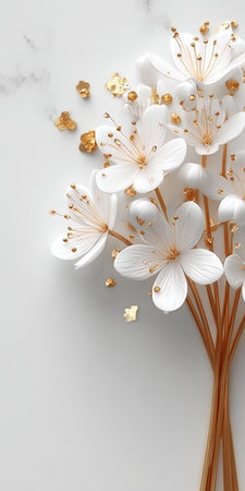 Elegant White Floral Arrangement with Shimmering Gold Accents on a Softly Textured White Backgroundの素材