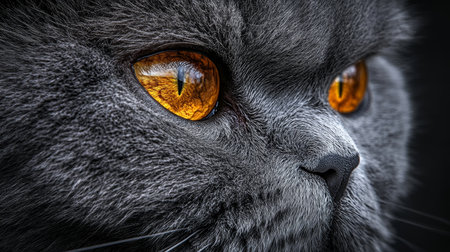 Close Up of a Beautiful Ragamuffin Cat with Striking Amber Eyes Against a Soft Gray Backgroundの素材