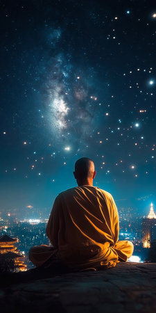 A Serene Monk Meditating Under the Magical Glow of Star Light in a Peaceful Urban Locationの素材
