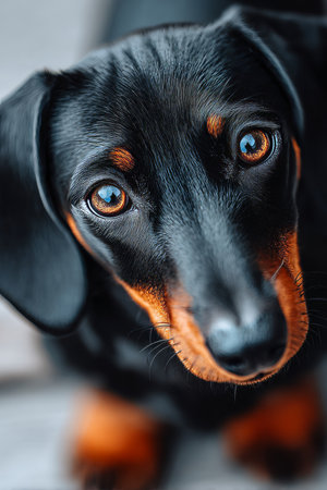 Adorable Close-Up Portrait of a Dachshund with Expressive Eyes on a Plain Gray Backgroundの素材