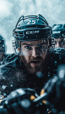 Intense Hockey Player Focused on the Puck Amidst a Frozen Rink, Showcasing Grit and Determinationの素材