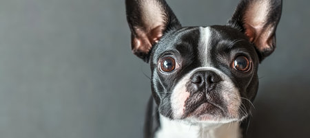 Charming Boston Terrier with Big Expressive Eyes, Adorable Pet Dog Portrait on Gray Backgroundの素材