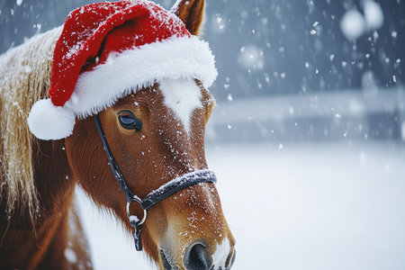 Festive Palomino Horse Portrait in a Winter Wonderland with Santa Hat and Christmas Cheerの素材