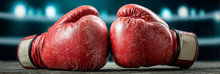 Vintage Boxing Equipment Display Classic Heavy Leather Gloves and Protective Gear on Wooden Tableの素材