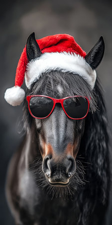 Festive Holiday Horse Wearing Santa Claus Hat and Sunglasses, Celebrating the Christmas Spiritの素材