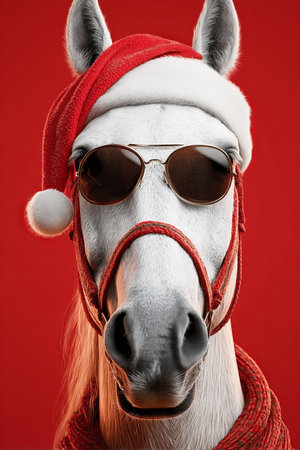 Stylish Horse Celebrating Christmas with Sunglasses and Santa Hat, Festive Red Background, Fun Vibeの素材