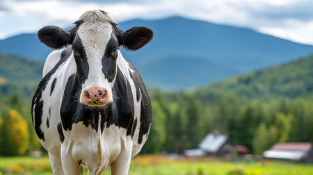 Holstein Dairy Cow Grazing on Lush Green Pasture with Rolling Hills and Blue Sky in Rural Landscapeの素材