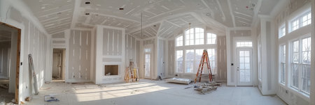 Bright, Airy Home Under Construction Showcasing Drywall, Ceilings, and Windows in Natural Lightの素材