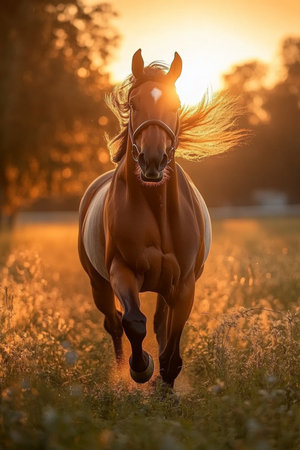 Majestic Thoroughbred Horse Galloping Through a Sunlit Meadow at Sunset with Graceful Eleganceの素材