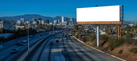 Vibrant Billboard Advertising Along Busy Highway with Fast Moving Traffic and Distant Cityscape Viewの素材