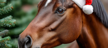 Festive horse in a snowy winter scene wearing a Santa hat, bringing holiday cheer and joy.の素材