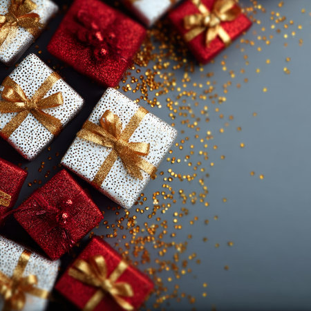 Elegant Packed Presents with Golden Bows Surrounded by Stars for Christmas Gift Delivery Servicesの素材