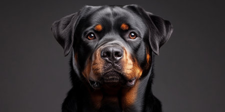 Majestic Rottweiler with Intense Gaze and Shiny Coat Posed Elegantly Against a Soft Gray Backgroundの素材