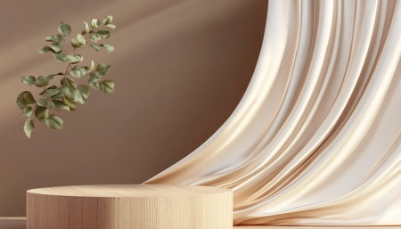 Elegant 3D Wood Prop Display on Brown Back Panel with Flowing Silk Scarf and Botanical Elementsの素材