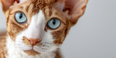 Stunning Portrait of a Cornish Rex Cat with Striking Blue Eyes Against a Soft Cream Backgroundの素材