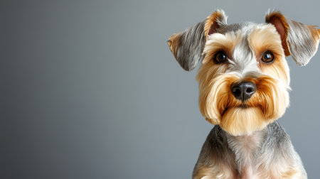 Endearing Miniature Schnauzer Posed Elegantly on Gray Background, Perfect for Pet Store Displays.の素材