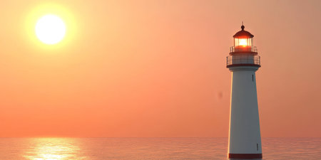 Majestic Lighthouse Standing Tall Against a Vibrant Sunset Over Calm Ocean Waves, Inspiring Serenityの素材
