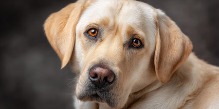 Charming Golden Labrador Sitting Happily with a Playful Expression, Ready for Adventure in Natureの素材